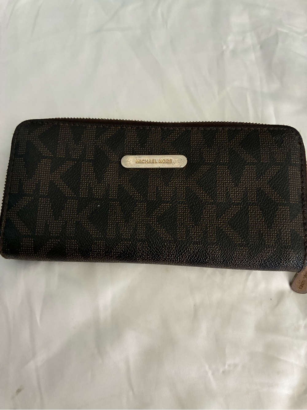 Michael Kors Dark Brown MK Logo Zip Wallet with Gold Plaque
